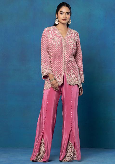 Embroidered short kurta with tiered sharara and dupatta