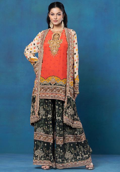 Red Sharara Set With Floral Print Embellished Kurta And Printed Jacket