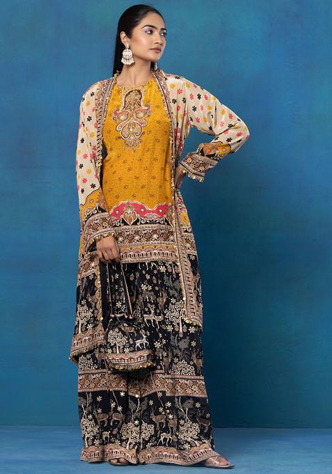 Yellow Sharara Set With Floral Print Embellished Kurta And Printed Jacket