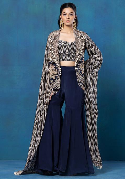 Blue Abstract Print Short Jacket Set With Printed Blouse And Pants