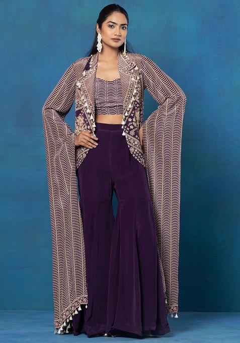 Purple Abstract Print Short Jacket Set With Printed Blouse And Pants