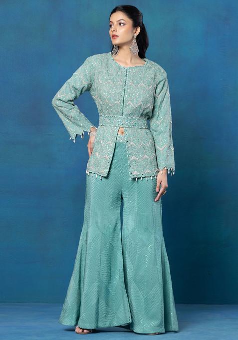 Sage Green Abstract Embroidered Jacket Set With Embroidered Pants And Belt