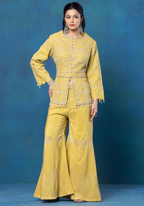 Yellow Abstract Embroidered Jacket Set With Embroidered Pants And Belt