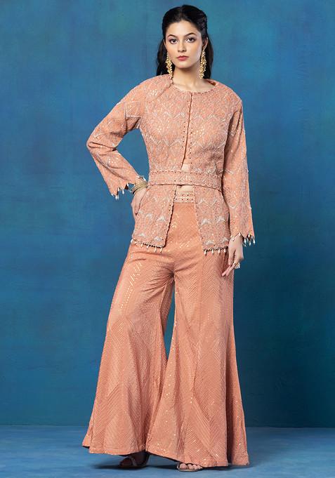 Peach Abstract Embroidered Jacket Set With Embroidered Pants And Belt