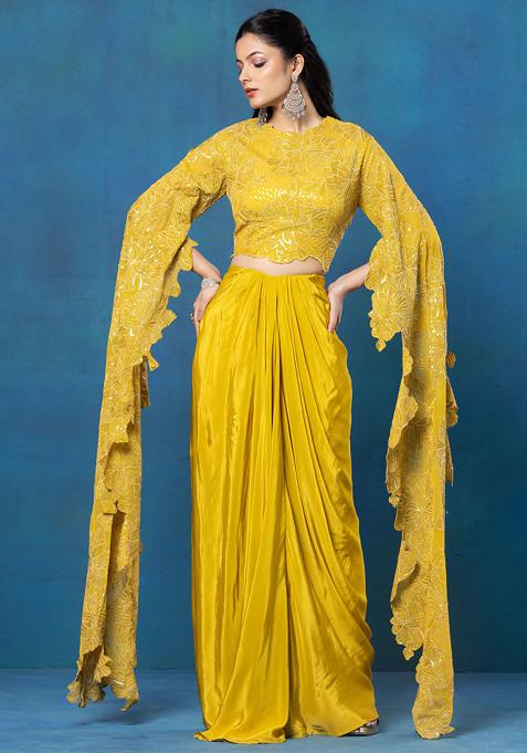 Yellow Dhoti Skirt Set With Floral Sequin Embellished Cape Sleeve Blouse