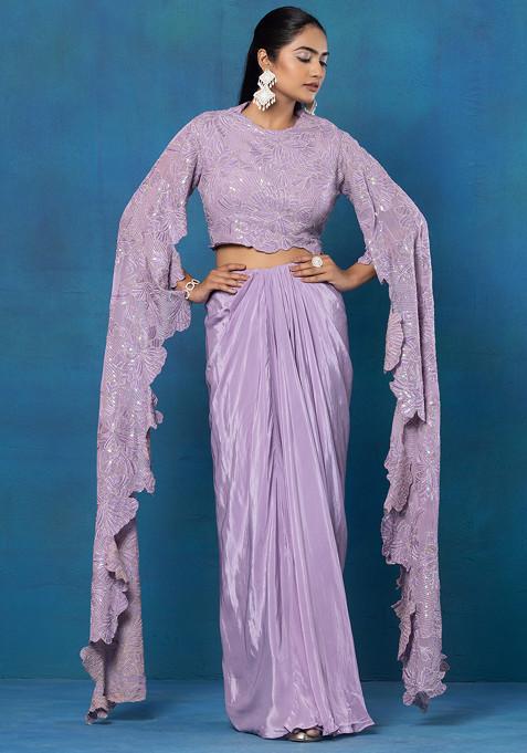 Lilac Dhoti Skirt Set With Floral Sequin Embellished Cape Sleeve Blouse