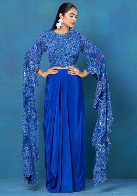 Blue Dhoti Skirt Set With Floral Sequin Embellished Cape Sleeve Blouse