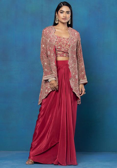 Maroon Swarovski Embellished Short Jacket Set With Floral Print Blouse And Dhoti Skirt