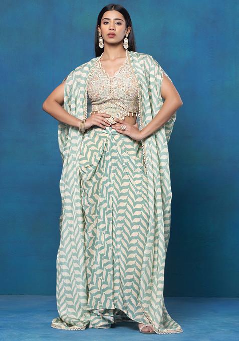 Green Chevron Print Jacket Set With Zari Thread Embroidered Blouse And Dhoti Skirt