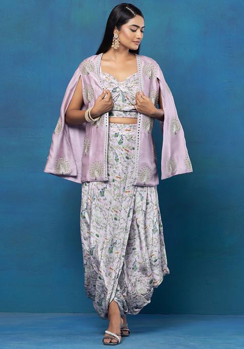 Purple Zari Embroidered Jacket Set With Abstract Print Blouse And Dhoti Pants