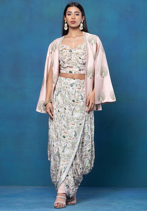 Pink Zari Embroidered Jacket Set With Abstract Print Blouse And Dhoti Pants