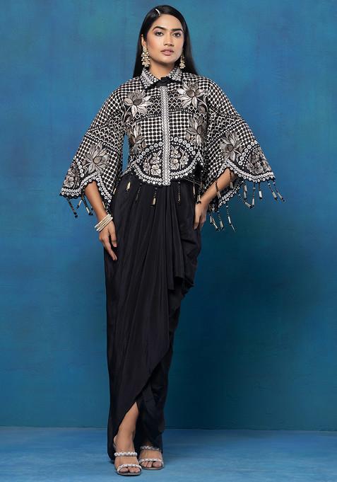 Black Zari Mirror Embroidered Short Jacket Set With Dhoti Skirt