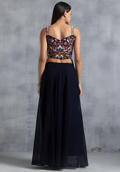 Floral Pure Chiffon Crop Top Attachable Dupatta With Panel Sharara Women Co-ord Set
