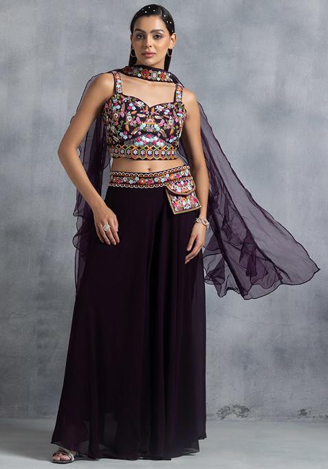 Purple Sharara Set With Floral Embroidered Blouse And Ruffled Dupatta