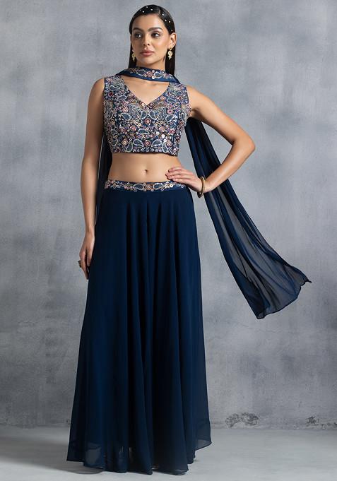 Teal Blue Sharara Set With Floral Sequin Bead Embellished Blouse And Dupatta