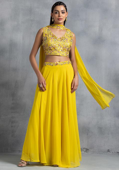 Yellow Sharara Set With Floral Sequin Bead Embellished Blouse And Dupatta
