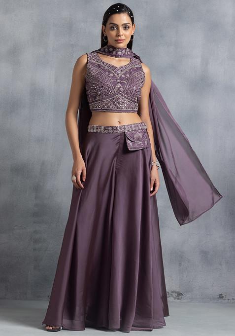 Purple Sharara Set With Floral Mirror Embellished Blouse And Dupatta