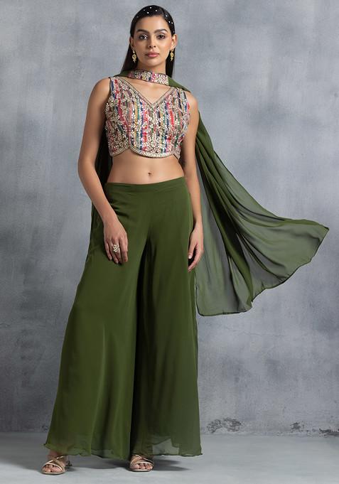 Olive Green Sharara Set With Floral Sequin Embellished Blouse And Dupatta