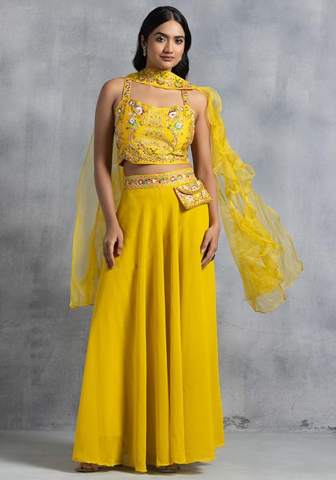Yellow Sharara Set With Floral Hand Embellished Blouse And Dupatta