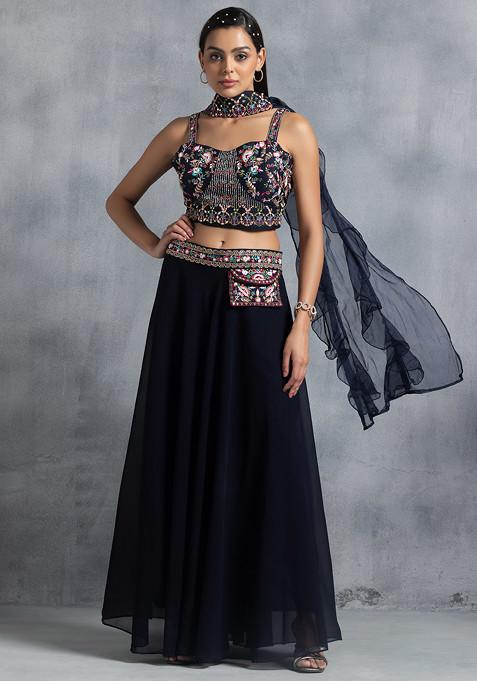 Navy Blue Sharara Set With Floral Hand Embellished Blouse And Dupatta