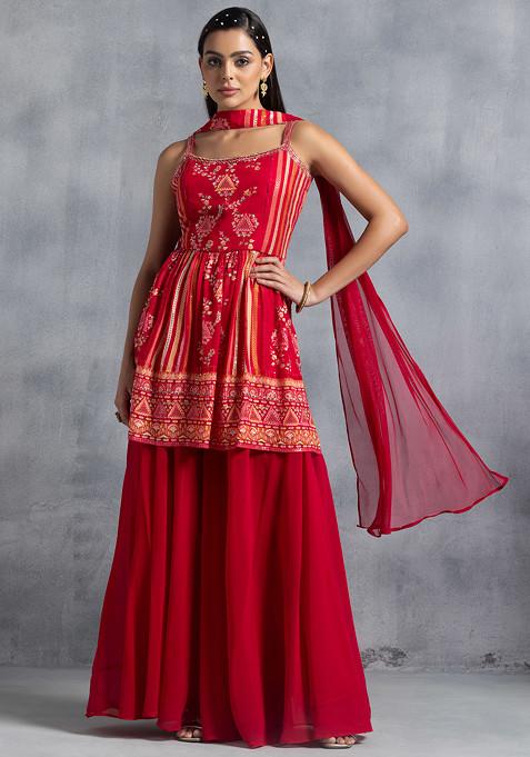 Red Sharara Set With Floral Sequin Embellished Short Kurta And Dupatta