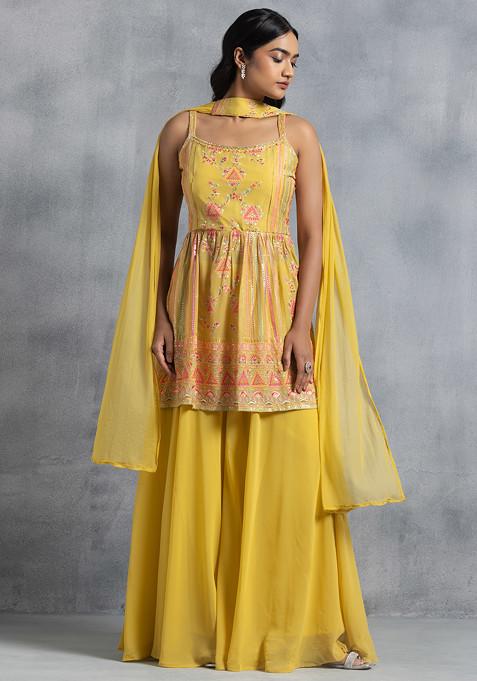 Yellow Sharara Set With Floral Sequin Embellished Short Kurta And Dupatta