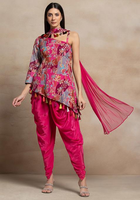 Pink Floral Sequin Embellished Short Kurta Set With Dhoti Pants And Dupatta