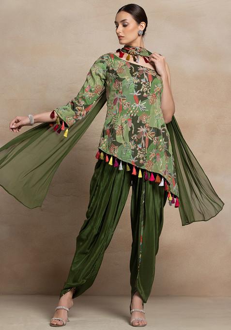 Green Floral Sequin Embellished Short Kurta Set With Dhoti Pants And Dupatta