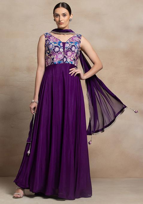Purple Floral Sequin Embellished Anarkali With Dupatta