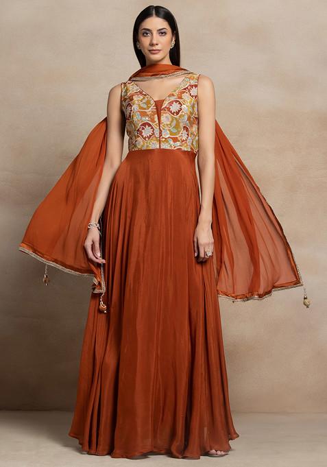 Rust Floral Sequin Embellished Anarkali With Dupatta