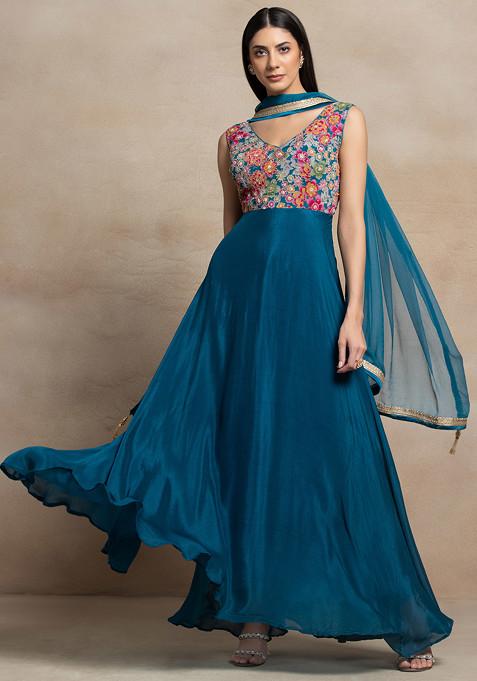 Teal Blue Multicolour Floral Sequin Embellished Anarkali With Dupatta