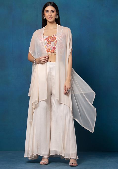 Ivory Sharara Set With Multicolour Floral Embellished Blouse And Mesh Jacket