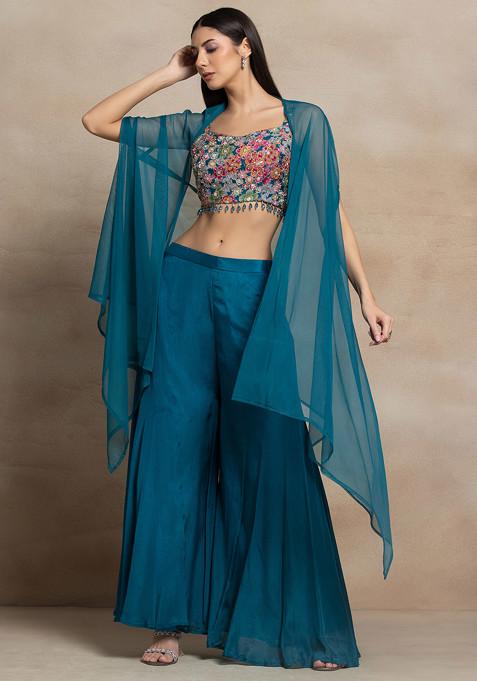 Tea Blue Sharara Set With Multicolour Floral Embellished Blouse And Mesh Jacket