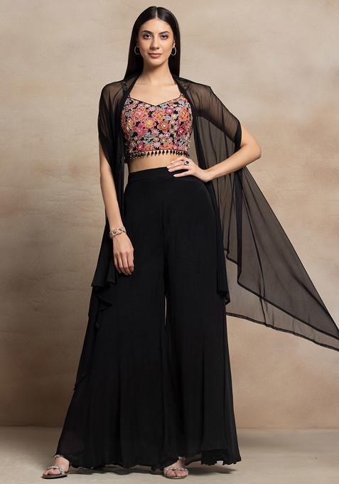 Black Sharara Set With Multicolour Floral Embellished Blouse And Mesh Jacket