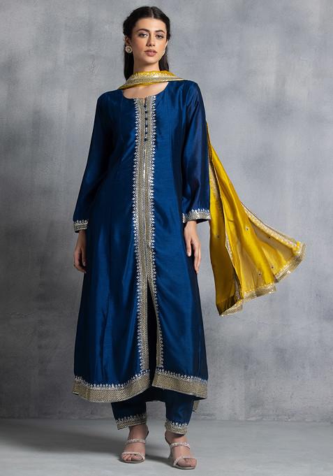 Teal Blue Zari Sequin Embellished Kurta Set With Pants And Contrast Dupatta