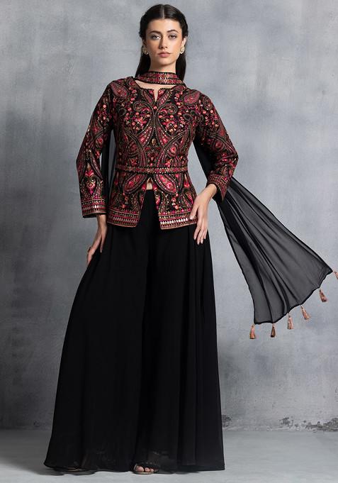 Black Sharara And Multicolour Zari Embroidered Kurta Set With Dupatta And Belt