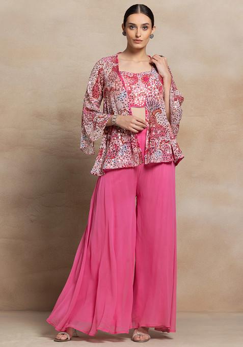 Pink Sharara Set With Sequin Embellished Blouse And Printed Jacket