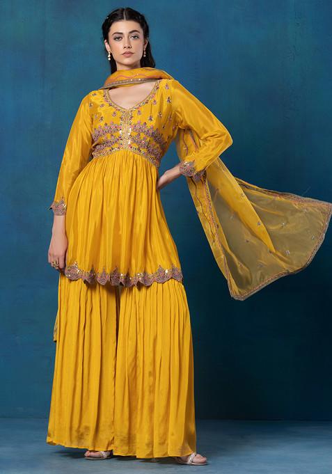 Yellow Sharara Set With Floral Sequin Mirror Hand Embellished Kurta And Dupatta