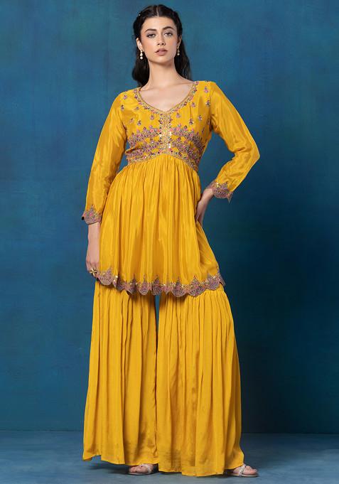 Yellow Haldi Embellished Kurta Sharara Set with Beads Tassels