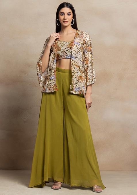 Green Sharara Set With Sequin Embellished Blouse And Printed Jacket