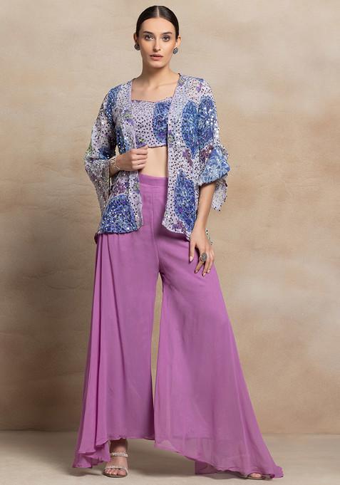 Purple Sharara Set With Sequin Embellished Blouse And Printed Jacket