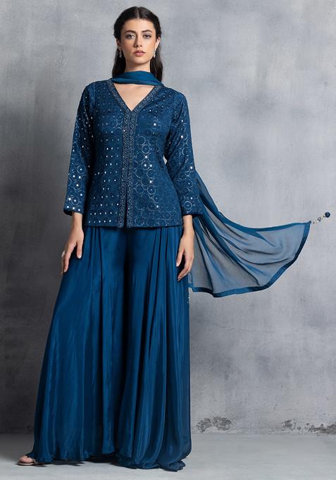Teal Blue Sharara Set With Sequin Zari Embroidered Short Kurta And Dupatta