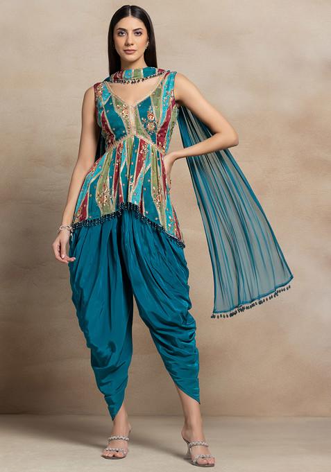 Teal Blue Zari Sequin Embellished Short Kurta Set With Dhoti Pants And Dupatta