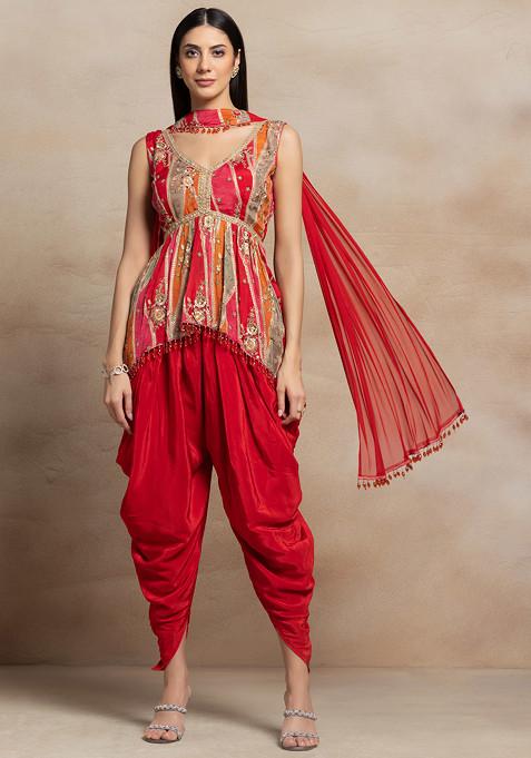 Hot Pink Zari Sequin Embellished Short Kurta Set With Dhoti Pants And Dupatta