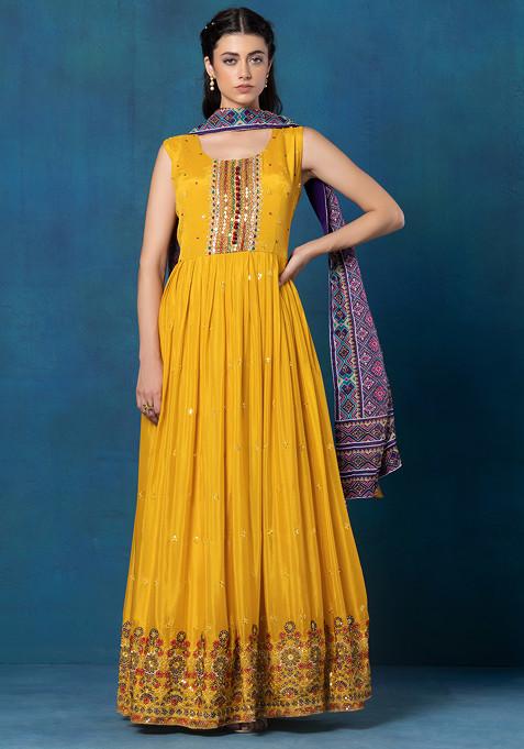 Yellow Sequin Cutdana Embellished Anarkali With Printed Dupatta