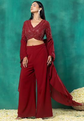 Red Palazzo Set With Sequin Dori Hand Embroidered Blouse And Choker Dupatta