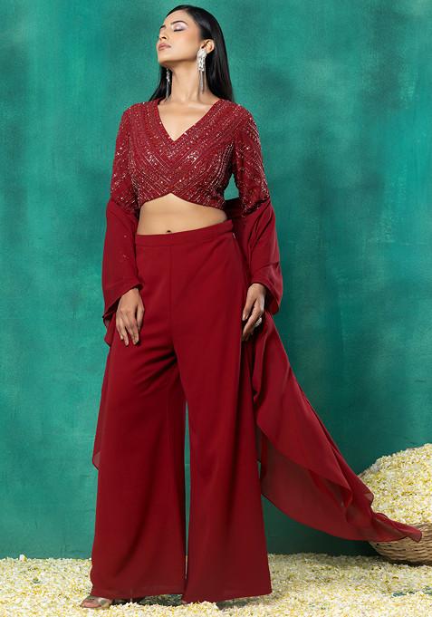Red Palazzo Set With Sequin Dori Hand Embroidered Blouse And Choker Dupatta