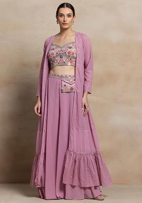 Pink Sharara Set With Floral Bead Mirror Embellished Blouse And Embellished Jacket