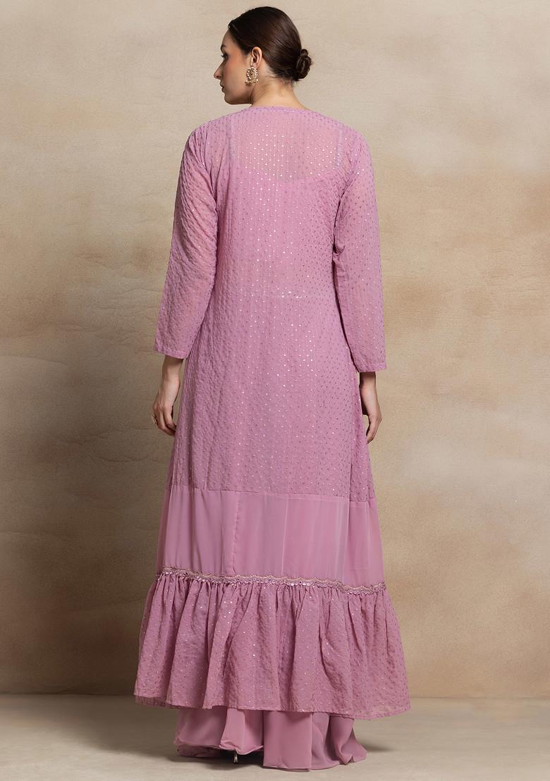 Pink Sharara Set With Floral Bead Mirror Embellished Blouse And Embellished Jacket