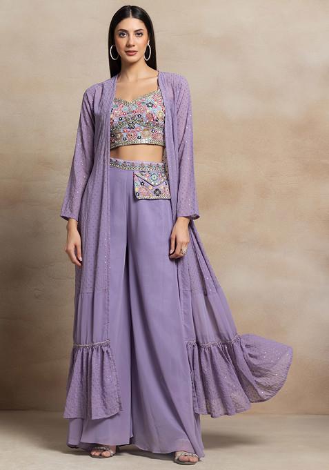 Lavender Sharara Set With Floral Bead Mirror Embellished Blouse And Embellished Jacket